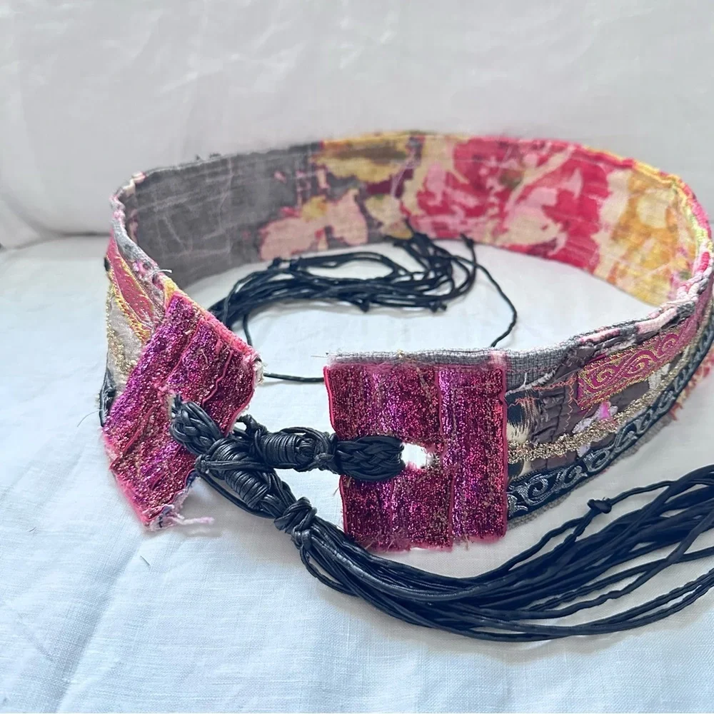 Artisan Floral Tapestry Tie Belt Pink and Black & Gold Accents Handmade Signed